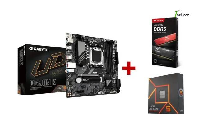 Լիովին նոր AM5 GIGABYTE B650M-K Ultra Durable + AMD Ryzen 5 7600X + DDR5 32Gb 6000MHz T-Force Vulcan