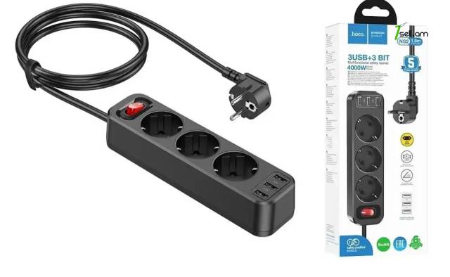 Сетевой фильтр удлинитель HOCO NS2 3USB + 3 BIT 4000WT 1,8metr * SMARTBOX *