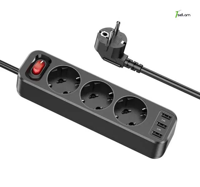 Сетевой фильтр удлинитель HOCO NS2 3USB + 3 BIT 4000WT 1,8metr * SMARTBOX *