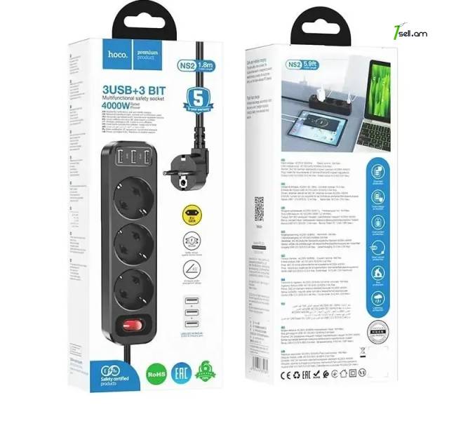Сетевой фильтр удлинитель HOCO NS2 3USB + 3 BIT 4000WT 1,8metr * SMARTBOX *