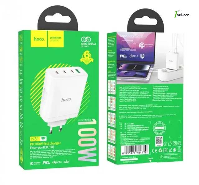 Լիցքավորիչ hoco n31 gan 100w 3 x type-c + usb-a