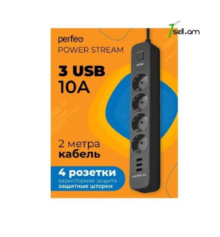 3x USB -ով Երկարացման լար удлинитель + 3x USB + 4 розеткам 2m сетевой фильтр POWER STREAM 2500W 10А
