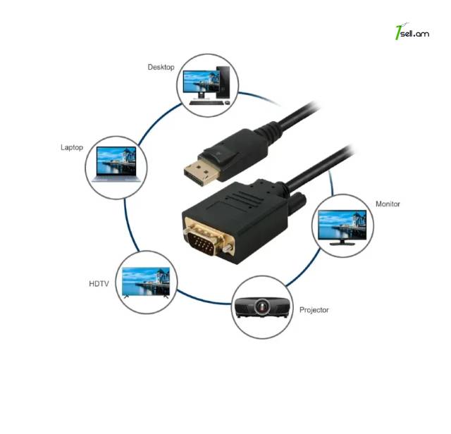 DisplayPort to VGA Adapter кабель 1.8 մ. cable վիդեո մալուխը Ոսկեպատ DP to VGA