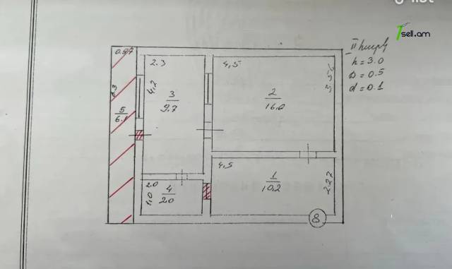 2 սենյականոց բնակարան Նար-Դոսի փողոցում, 38 քմ, նախավերջին հարկ, բարձր առաստաղներ